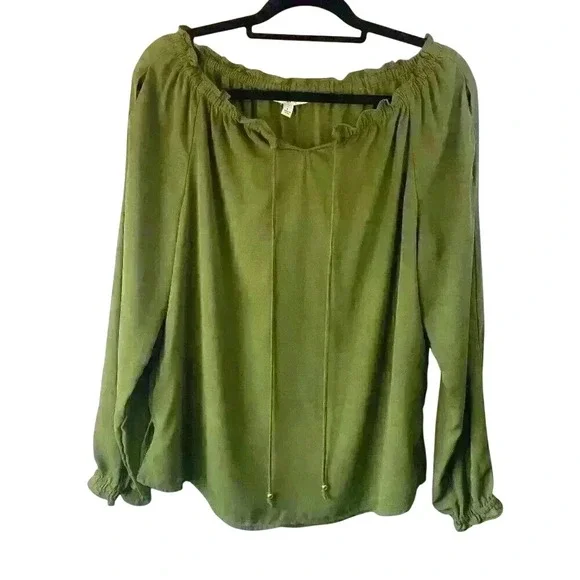 NWT Women's Notations Green Long Sleeve Ruffle Tie Front Blouse Size Large - Picture 1 of 15